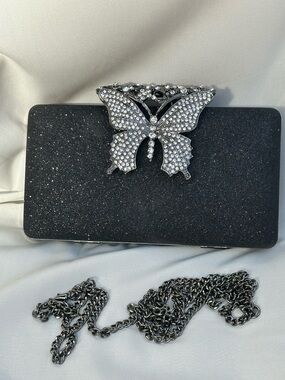 Black Glitter Butterfly Clutch Rhinestone Evening Bag
